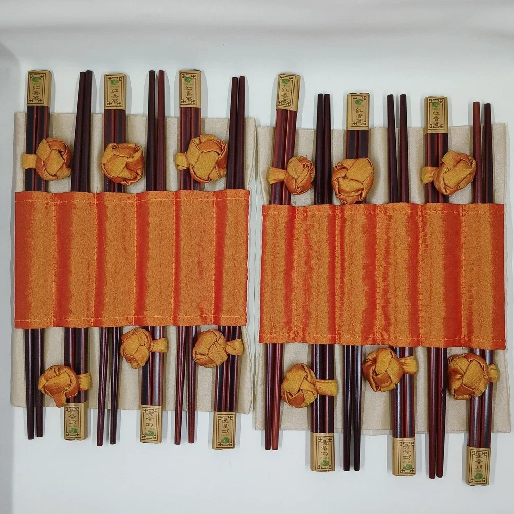 Brown Bamboo Wood Chinese Chopsticks‎ Set 12 Pairs Fabric Travel Rolls Gift
